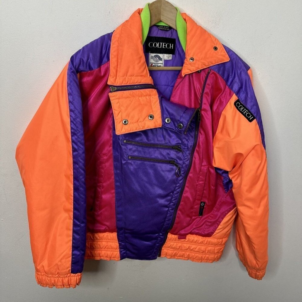 Vintage 80s 90s Neon Coltech Woman 10 L  Ski Jacket Coat Rad‎ Pink Retro Orange